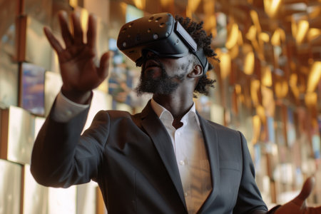 A young professional in a suit engages with virtual reality, with hands outstretched, experiencing a new dimension of technology.の素材