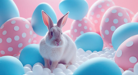 an easter rabbit stands next to some blue and pink eggs.の素材
