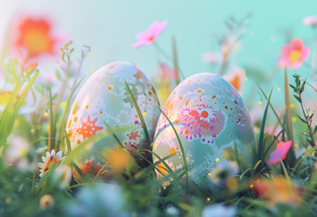 colorful eggs sitting in the grass.の素材