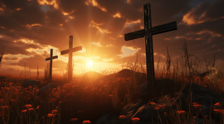 Silhouetted wooden crosses in a field with vivid sunset and wildflowersの素材