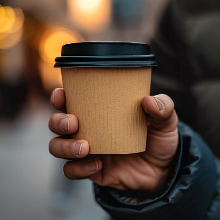 a man's hand holding a disposable paper coffee cup for takeout.の素材