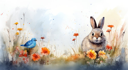 a happy easter greeting card with a rabbit in grass.の素材