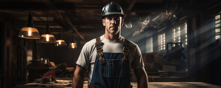 american construction worker standing w/ toolbox next to an empty room.の素材