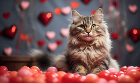 cute tabby cat with a red heart and valentines.の素材
