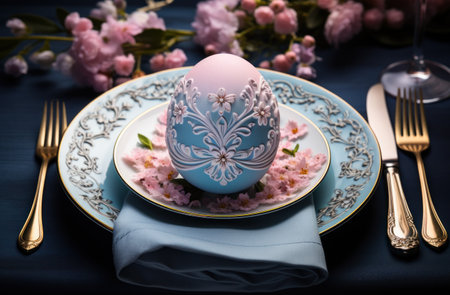 easter table setting with paper napkin and egg, pink and blue.の素材