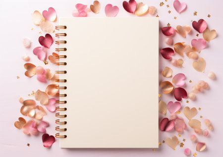 a note pad on a white background with pink petals and hearts stock pictures, in the style of gold leaf accents, pop inspo, muted hues, textural richness, sparklecore, feminine sensibilities --ar 125:88 --style raw --stylize 250 Job ID: 38f632c3-baf1-4334-9631-959b64bdaeb8の素材