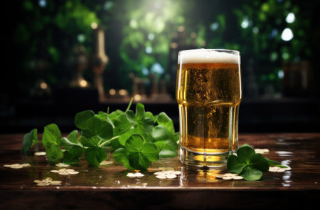 a large glass of beer in front of green shamrocks.の素材