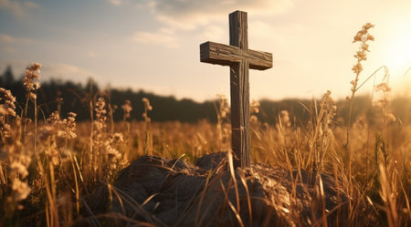 a wooden cross at sunset in the field.の素材