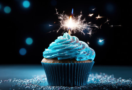 a blue birthday cupcake with a sparkler in the middle.の素材