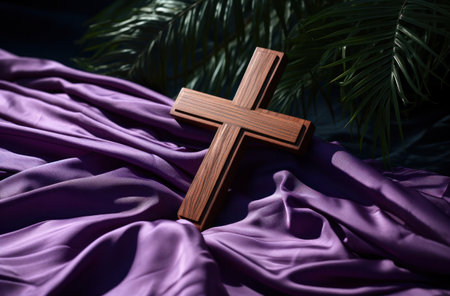 a wooden cross on a purple cloth against a palm tree.の素材