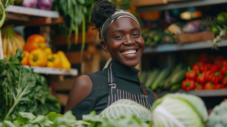 Smiling African American woman with headband, surrounded by colorful vegetables at a market.の素材