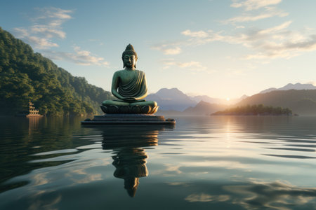 a gold buddha meditates by a lake.の素材