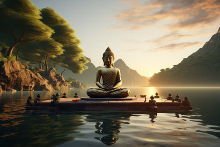 a gold buddha meditates by a lake.の素材