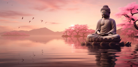 beautiful buddha sitting on the water.の素材
