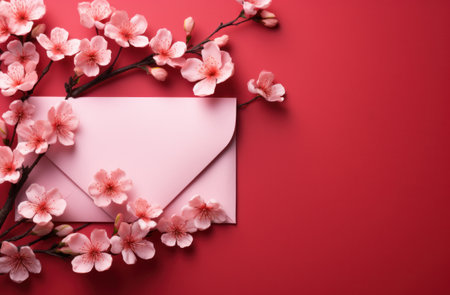 an envelope with red flowers and paper on a pink background.の素材