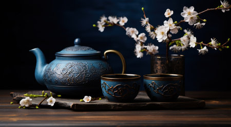 a teapot and tea cups on a table.の素材