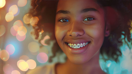 A young girl with braces smiles brightly against a backdrop of festive lights.の素材