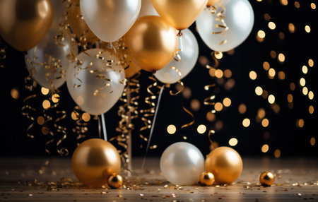a photo of party balloons with gold sequins and gold confetti.の素材