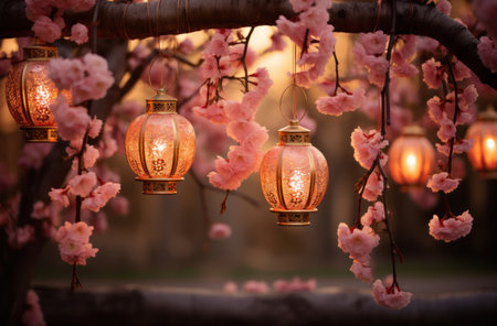some lanterns hanging on the branches of pink blossoms.の素材