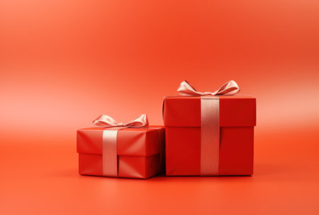 two red gift boxes on red background.の素材