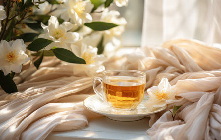 tea on a table next to white flowers and leaves.の素材