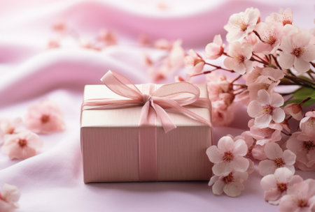Valentine's celebration presents on background of pink flowers and a gift box.の素材