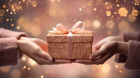 two hands holding a pink gift box over glittery background.の素材