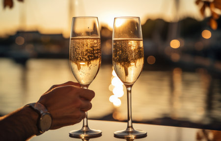 two people toasting champagne outdoors on the water.の素材