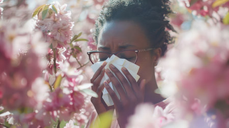 Individual blowing nose with tissue surrounded by flowering trees, allergy conceptの素材
