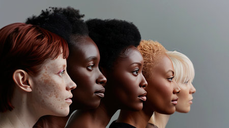 Women of various ethnicities and ages showcasing unique skin tones, highlighting the beauty of natural diversity.の素材