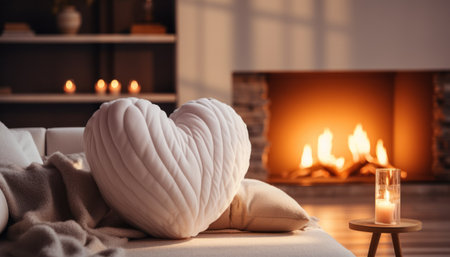 heart shape on fireplace and white pillows, soft edges and atmospheric effects.の素材