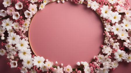 circle of white flowers on pink and green background.の素材