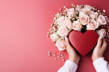 red and white heart gift with roses on a pink background.の素材