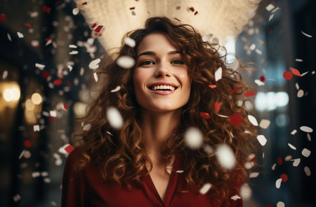 Curly-haired woman smiling amidst a shower of confetti, expressing joy.の素材