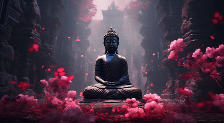 buddha in a forest of pink flowers.の素材