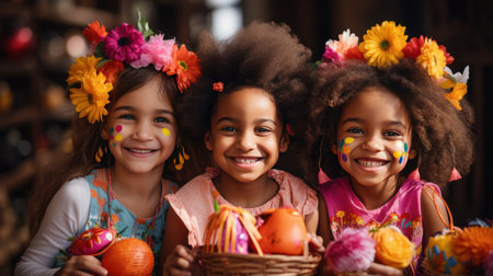 Cheerful child with a straw hat, surrounded by vibrant Easter flowers and a plush toy.の素材