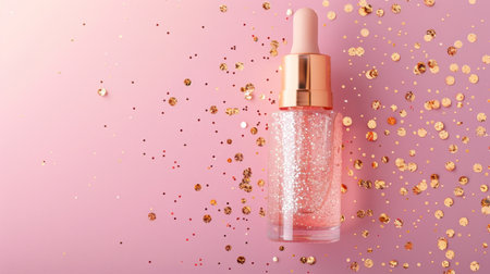 Dropper containing serum and cosmetics product with gold glitter on a pink background.の素材