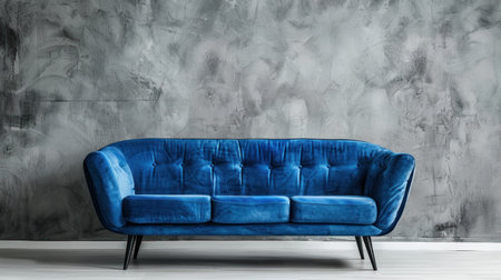 A luxurious blue velvet sofa in a modern living space against a backdrop of an empty concrete wall.の素材