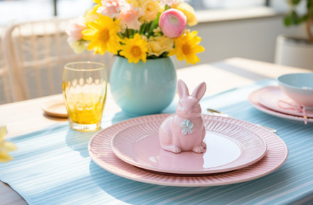 A plate on table is decorated with tulips and bunnies.の素材