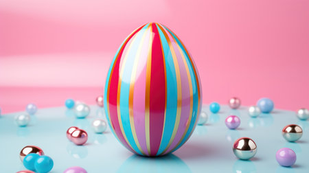a multicolored easter egg placed on a pink background.の素材