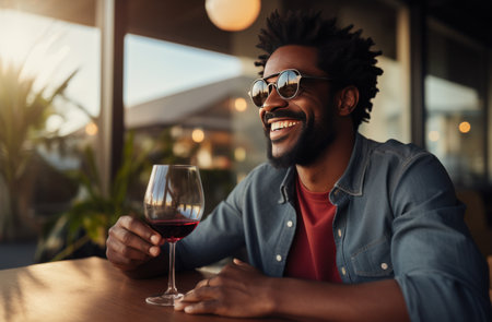 a man is smiling and enjoying a glass of wine.の素材