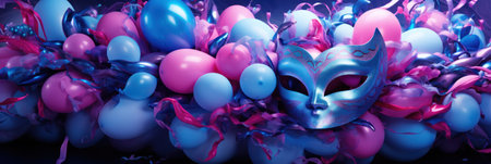 a blue and purple mardi gras mask with pink balloons.の素材