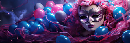 a blue and pink mask with balloons in the background.の素材