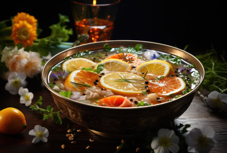 a bowl of seafood soup is being flavored with lemon.の素材