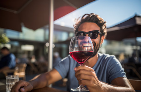 a man with sunglasses holding a glass of red wine while talking.の素材