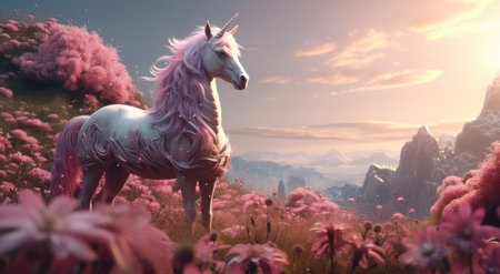 a large, pink unicorn standing on a grassy area.の素材