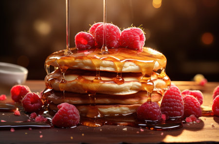 a stack of pancakes on a table with raspberries and maple syrup.の素材