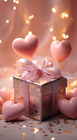 a romantic set of gifts with confetti on a pink background.の素材