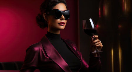 a woman wearing sunglasses is holding a glass of wine.の素材