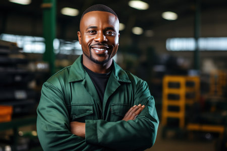 A cheerful African American mechanic with crossed arms, standing in an auto garage.の素材